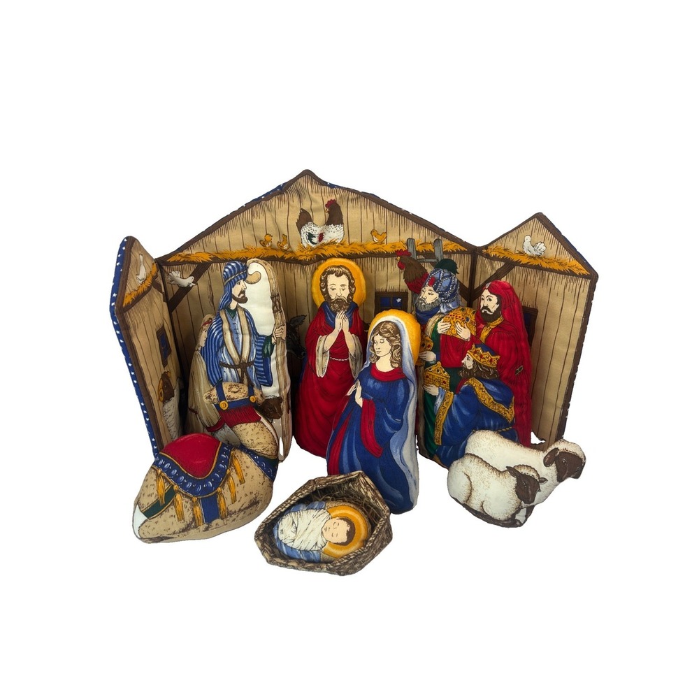 Vintage 9 pc Fabric Nativity Manger Scene Christmas Holiday Decor